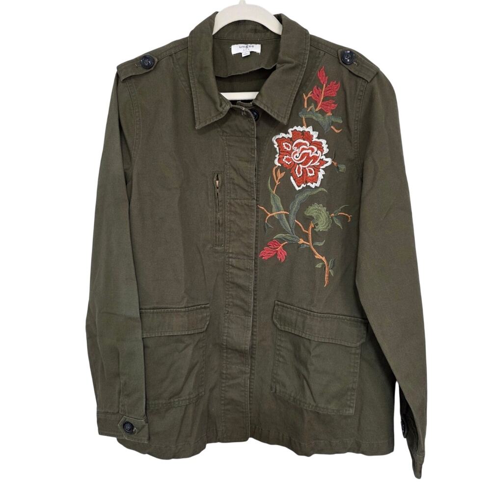 Umgee Womens Sz L Olive Green Floral Embroidered Pockets Barn Chore Utility